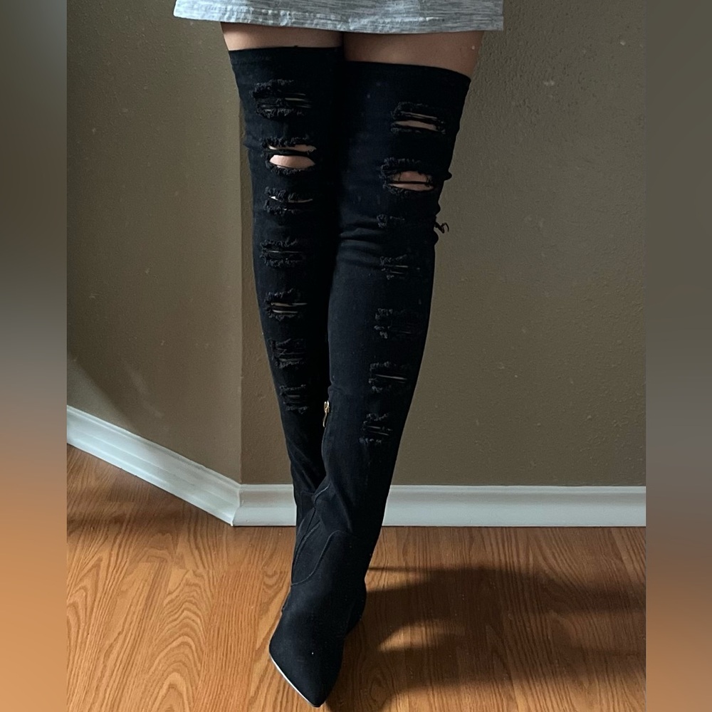 Women's Black Distressed Thigh high boots